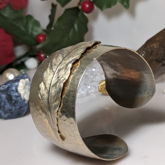Wide Cuff, Hammered Brass Feather Bracelet - Picture 3 of 5